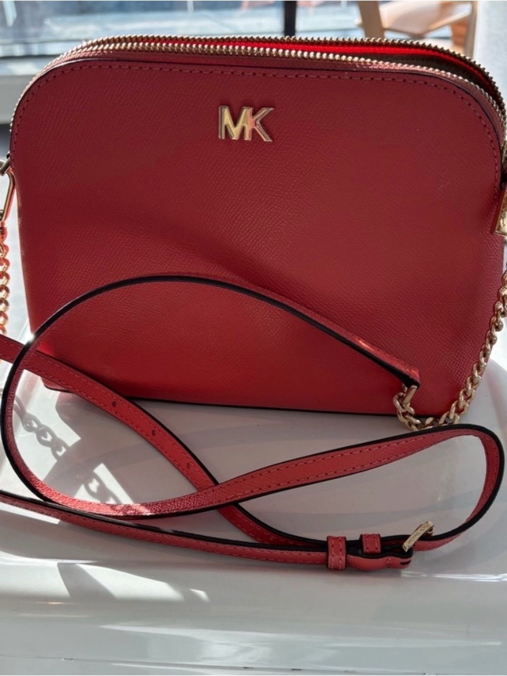 Michael Kors Coral-Red Saffiano Crossbody Bag with Gold Hardware like New